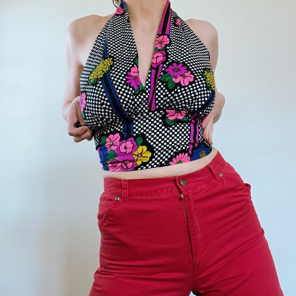 💥SOLD💥 RARE • 70s Authentic Greencastle Checkered Floral Tie Back Halter Top - Picture 2 of 5